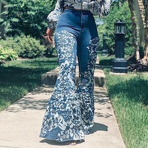 NWT free people just float on painted floral wide leg flare jeans